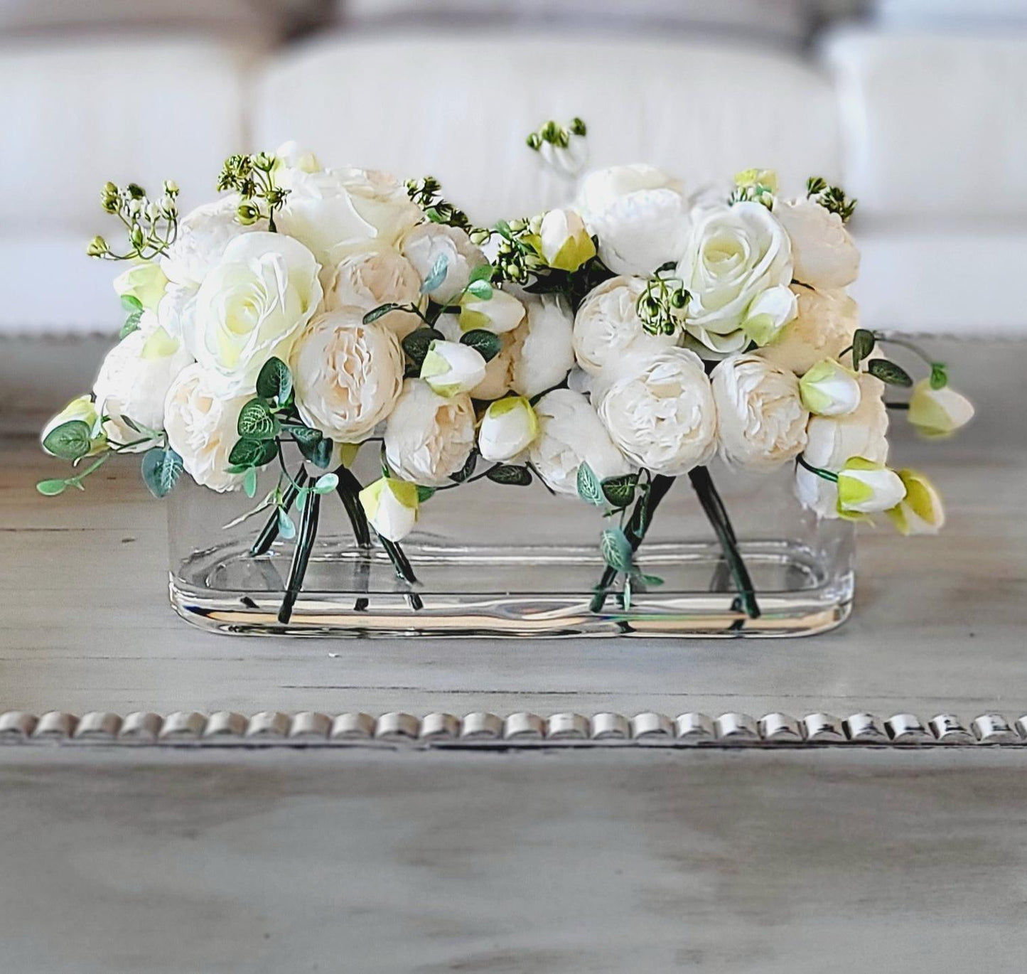 Elegant Silk Flowers Artificial Rose Peony Arrangement Modern Glass Vase Display Realistic Looking Blooms Forever Floral Collection Home Decor Accent Stylish Interior Design Maintenance Free Beauty Contemporary Decorative Piece Perfect Gift