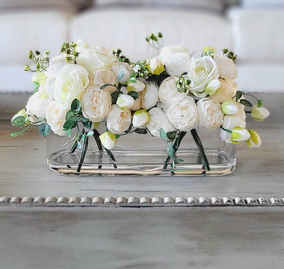 Elegant Silk Flowers Artificial Rose Peony Arrangement Modern Glass Vase Display Realistic Looking Blooms Forever Floral Collection Home Decor Accent Stylish Interior Design Maintenance Free Beauty Contemporary Decorative Piece Perfect Gift