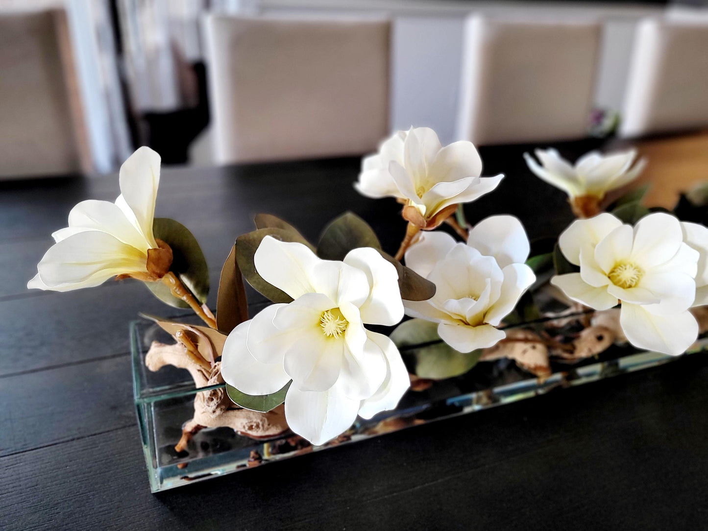 Dining Table Flower Arrangement home decor Luxury Flower Dining flower Magnolia Flower Long Glass container flower Realistic flowers water