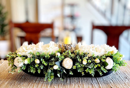 Custom Dough Bowl Centerpiece Handmade Floral Arrangement Faux Hydrangea Design Artificial Peony Collection White Flower Display Rustic Wood Container Farmhouse Style Accent Year Round Home Decoration Versatile Table Centerpiece Mantle