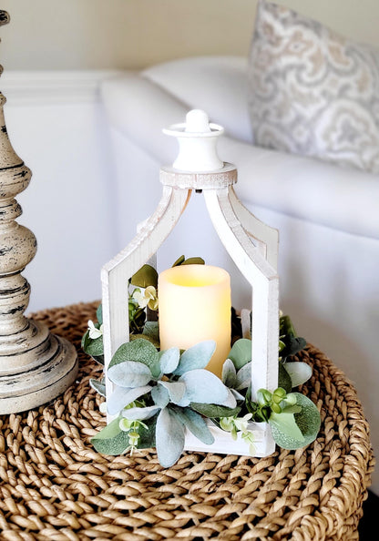 Farmhouse Lantern Rustic Lantern Farmhouse Table Decor Candle Decoration Spring Wreath Lambs Ear Arrangement Coffee table gift new Home gift