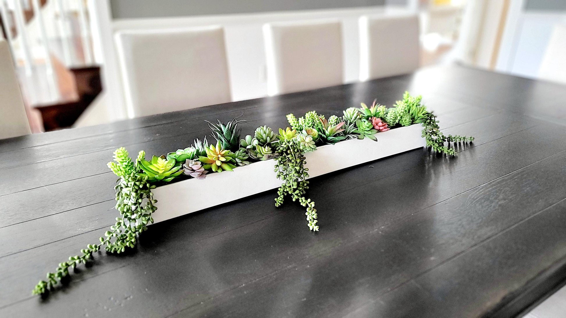 Artificial Succulent Arrangement Long Dining Table Centerpiece Modern Home Decor Faux Plant Display Contemporary Styling Element Maintenance Free Greenery Indoor Table Accent Realistic Looking Succulents Elegant Home Design Narrow Box