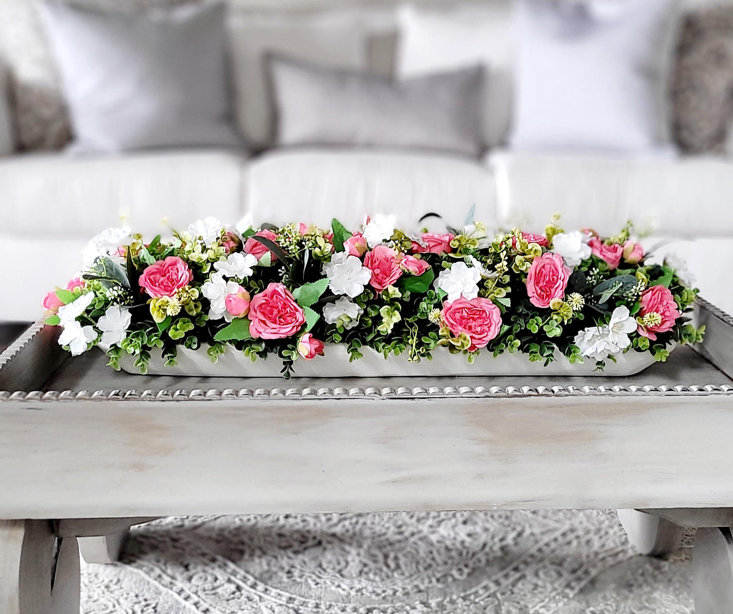 Artificial Rose Centerpiece Pink White Floral Arrangement Dough Bowl Dining Table Decor Elegant Design Long Narrow Shape Perfect Table Setting Beautiful Home Accent Silk Faux Flowers Realistic Looking Roses Maintenance Free Display Year