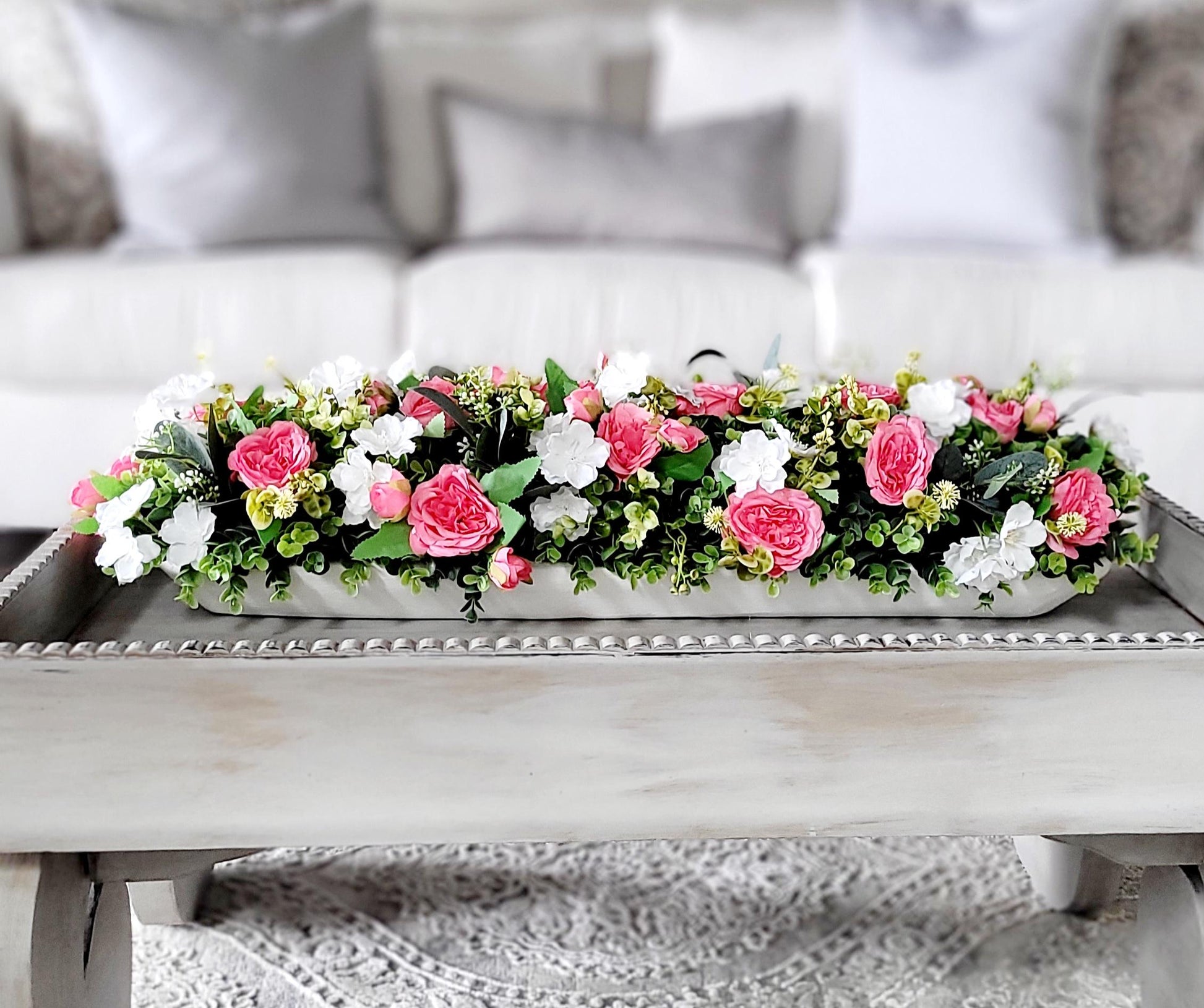 Artificial Rose Centerpiece Pink White Floral Arrangement Dough Bowl Dining Table Decor Elegant Design Long Narrow Shape Perfect Table Setting Beautiful Home Accent Silk Faux Flowers Realistic Looking Roses Maintenance Free Display Year