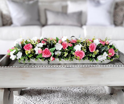 Artificial Rose Centerpiece Pink White Floral Arrangement Dough Bowl Dining Table Decor Elegant Design Long Narrow Shape Perfect Table Setting Beautiful Home Accent Silk Faux Flowers Realistic Looking Roses Maintenance Free Display Year