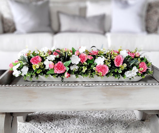 Artificial Rose Centerpiece Pink White Floral Arrangement Dough Bowl Dining Table Decor Elegant Design Long Narrow Shape Perfect Table Setting Beautiful Home Accent Silk Faux Flowers Realistic Looking Roses Maintenance Free Display Year