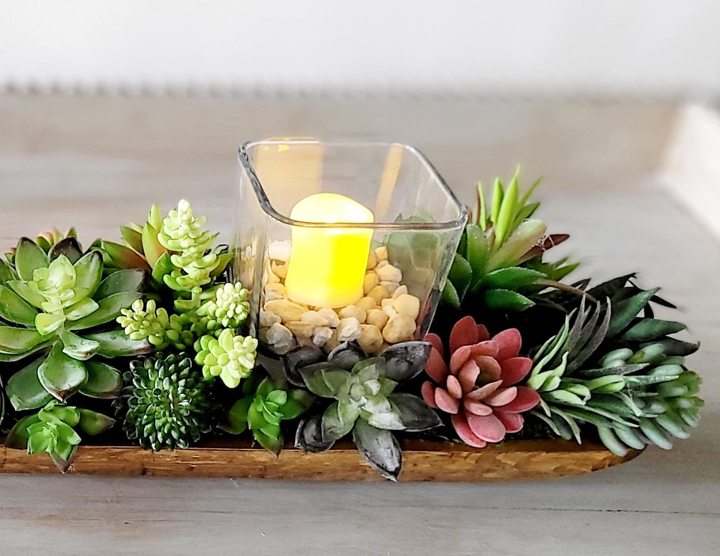 Artificial Succulent Centerpiece – Rustic Dough Bowl Purple Cactus Dining Table Display
