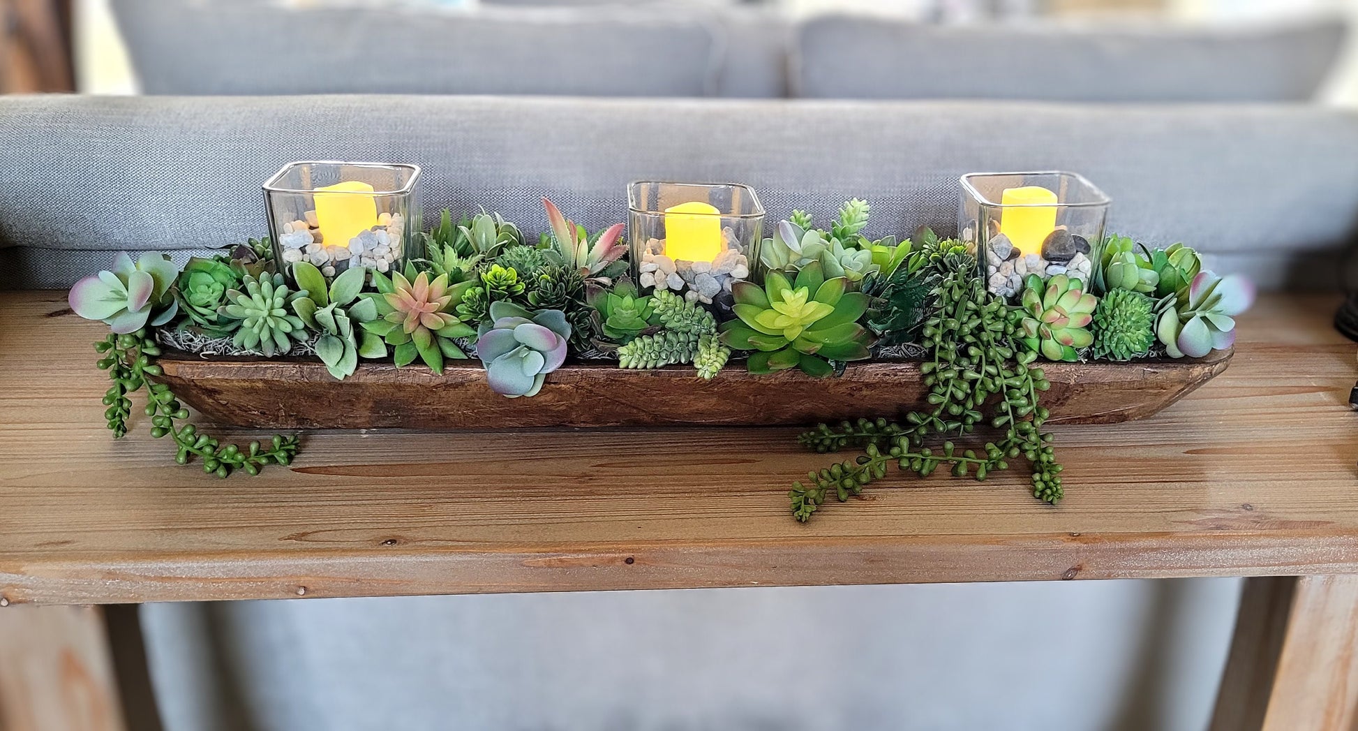 Handcrafted Wooden Bowl Faux Succulent Arrangement Long Table Centerpiece Realistic Artificial Plants Premium Quality Materials Elegant Home Decoration Perfect Dining Table Accent Maintenance Free Greenery Beautiful Interior Design Element
