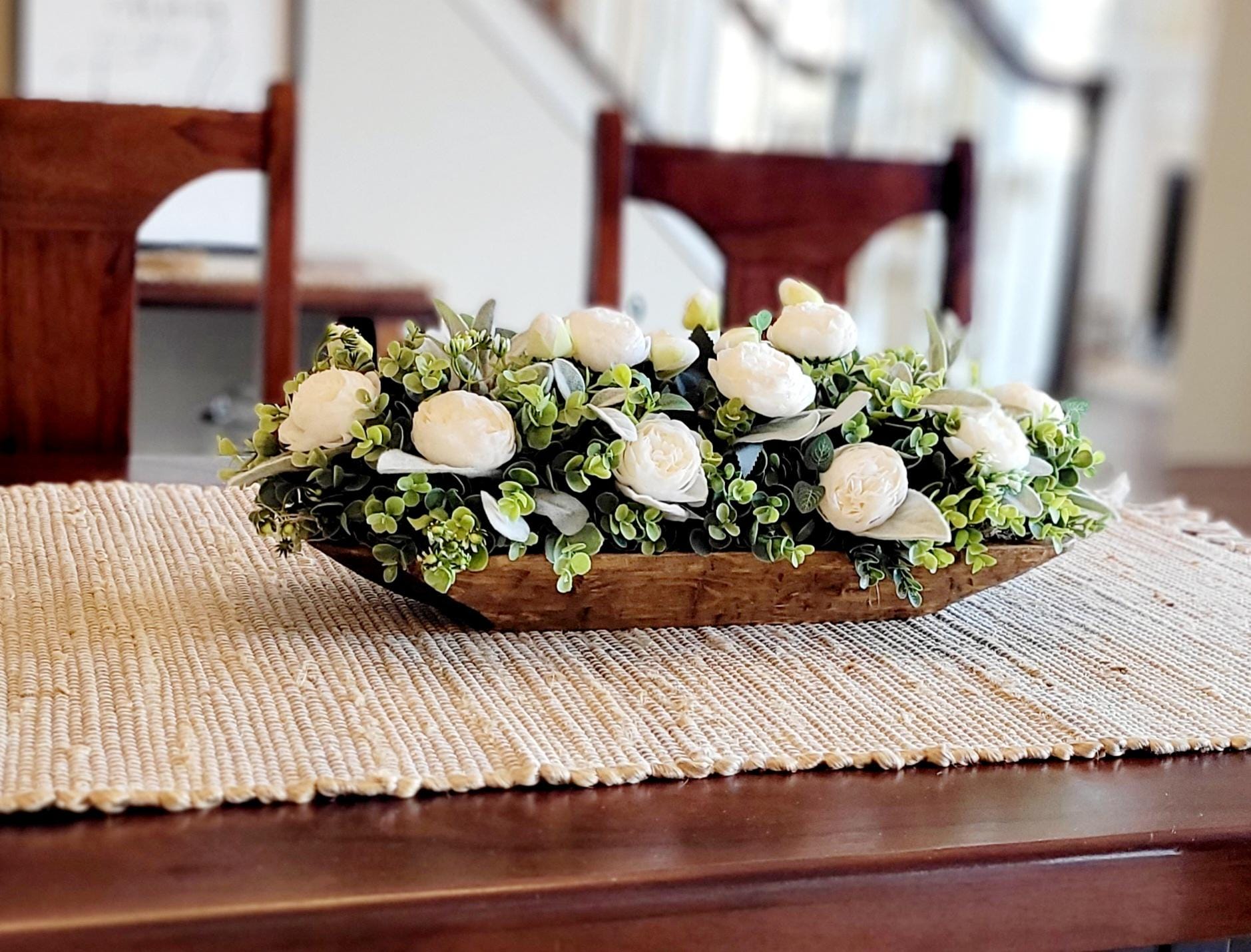Artificial Floral Arrangement Farmhouse Style Centerpiece Wooden Dough Bowl Container Silk Faux Flowers Realistic Greenery Peonies Lambs Ear Display Custom Color Wood Hand Carved Design Elegant Table Decor Rustic Home Accent Maintenance