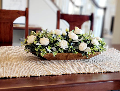 Artificial Floral Arrangement Farmhouse Style Centerpiece Wooden Dough Bowl Container Silk Faux Flowers Realistic Greenery Peonies Lambs Ear Display Custom Color Wood Hand Carved Design Elegant Table Decor Rustic Home Accent Maintenance