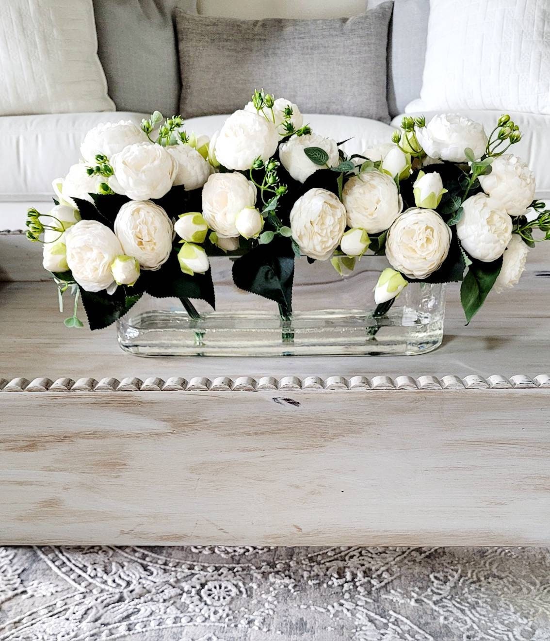 Modern Floral Arrangement Faux Peony Centerpiece Silk Flowers Glass Vase Modern Dining Table Centerpiece French Decor Bridal Decor Long Vase