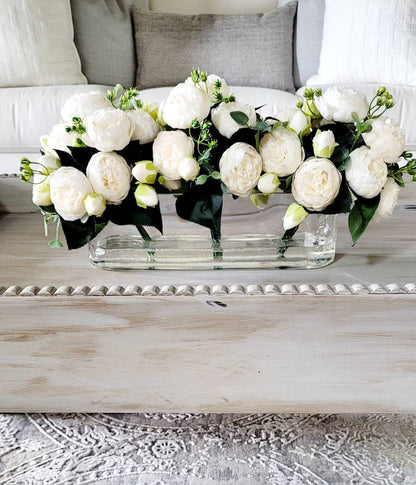Modern Floral Arrangement Faux Peony Centerpiece Silk Flowers Glass Vase Modern Dining Table Centerpiece French Decor Bridal Decor Long Vase