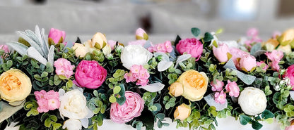 Custom Wood Bowl Peony Arrangement Farmhouse Centerpiece Design Artificial Floral Collection Spring Summer Blooms Elegant Table Display Rustic Home Accent Mantle Decoration Piece Silk Flower Arrangement Handcrafted Dough Bowl Traditional