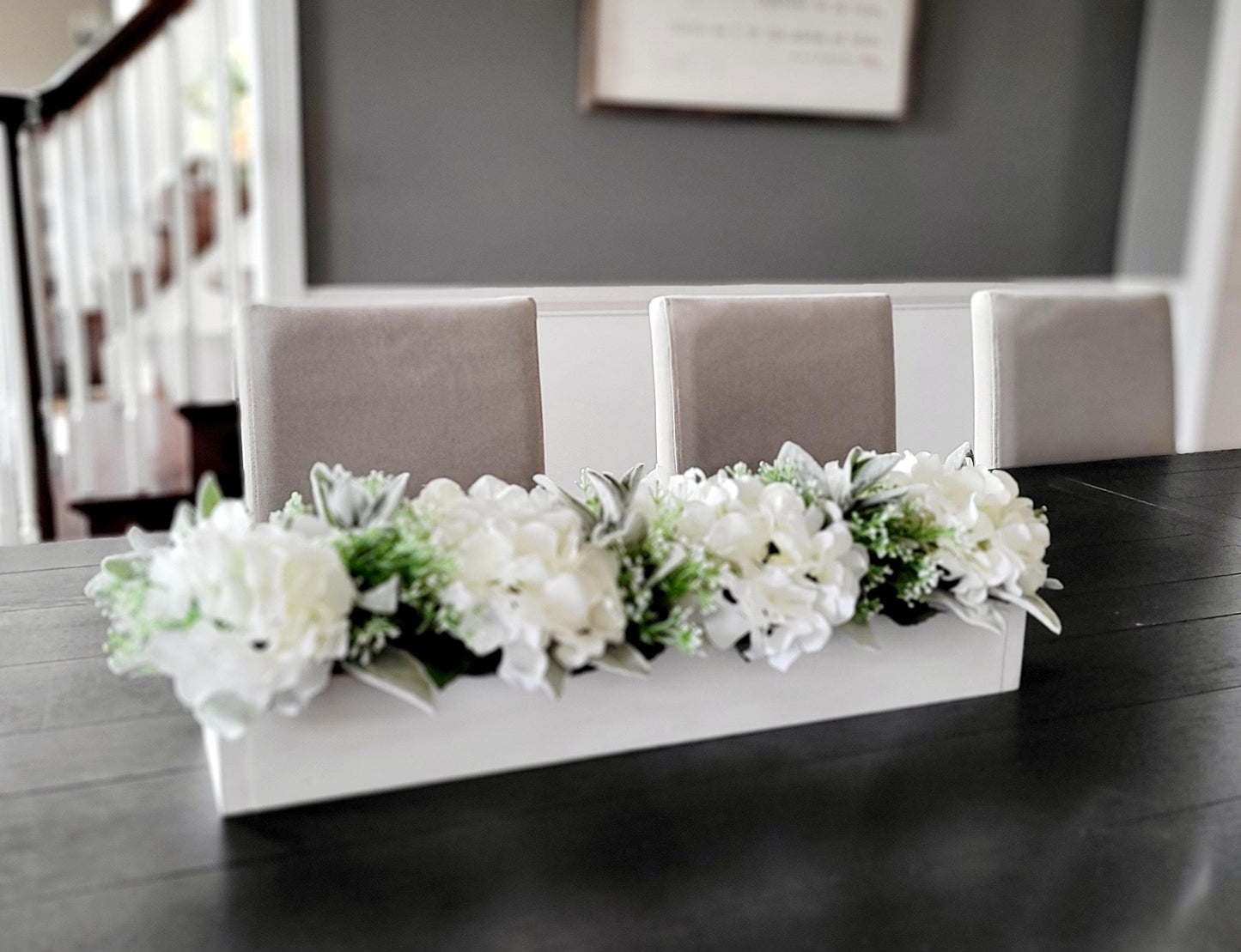 Farmhouse Table Centerpiece – Rustic Wooden Box with Silk Hydrangea Flowers