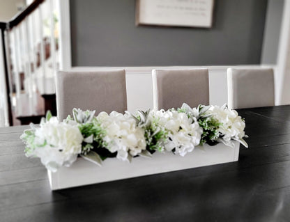 Farmhouse Table Centerpiece – Rustic Wooden Box with Silk Hydrangea Flowers