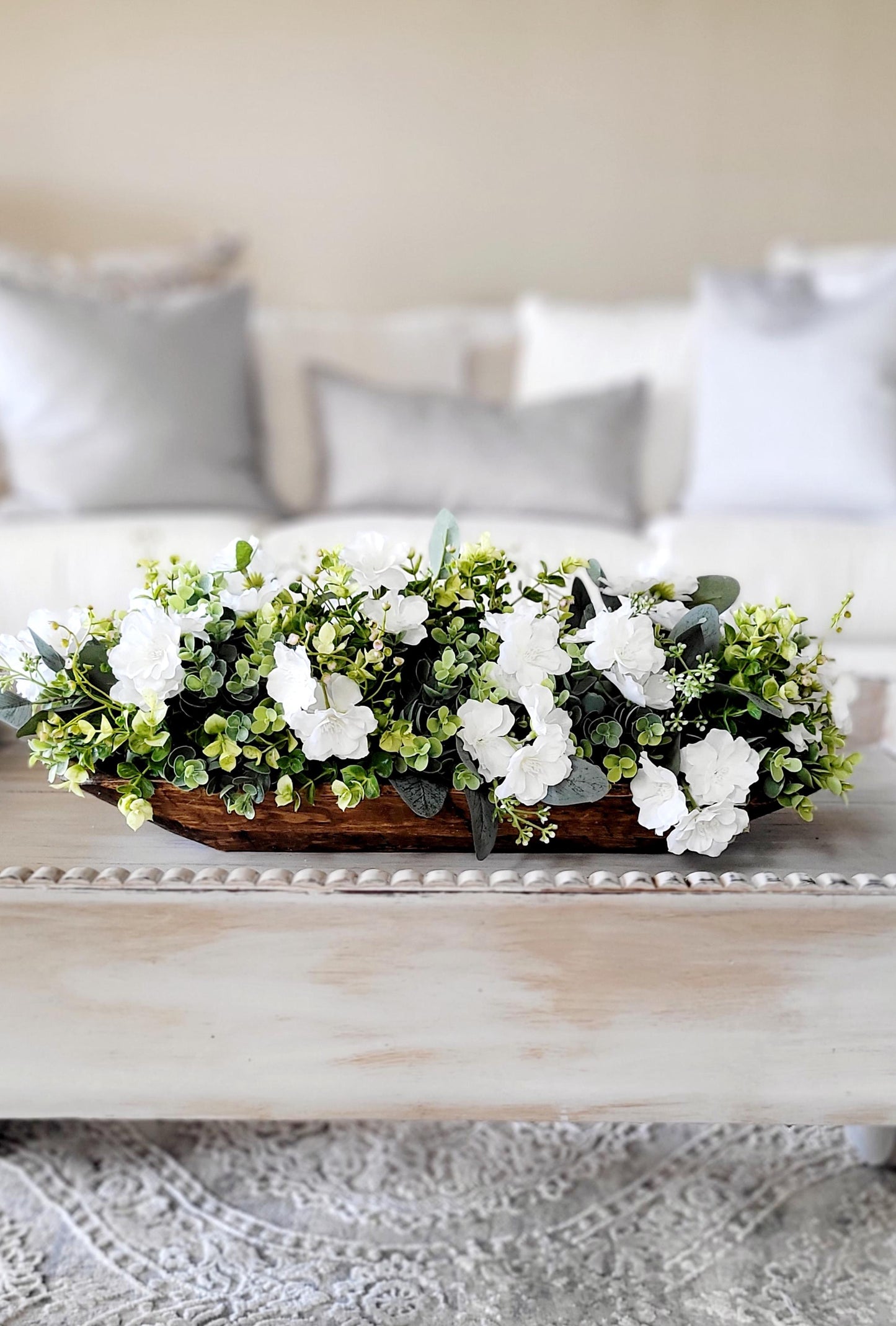 Farmhouse Table Centerpiece – Rustic Dough Bowl with White Floral Arrangement