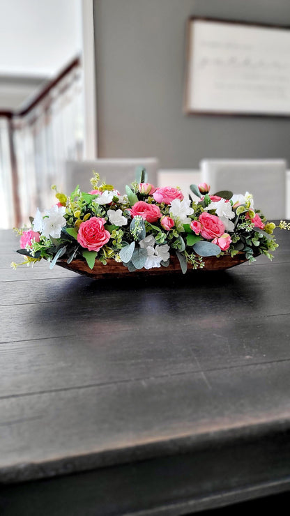 Dough Bowl Pink Peony Flower centerpiece farmhouse kitchen table decor pink rose arrangement gift Mom gift her floral gift her faux peony
