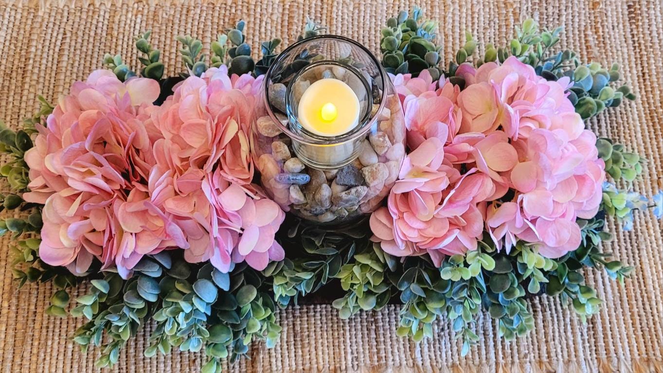 Rustic Wood Floral Centerpiece Hydrangea Farmhouse Dough Bowl Pink Hydrangea Farmhouse Arrangement Candle Centerpiece Dough Bowl Decor