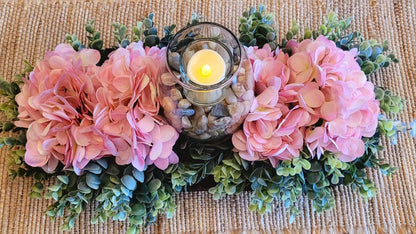 Rustic Wood Floral Centerpiece Hydrangea Farmhouse Dough Bowl Pink Hydrangea Farmhouse Arrangement Candle Centerpiece Dough Bowl Decor