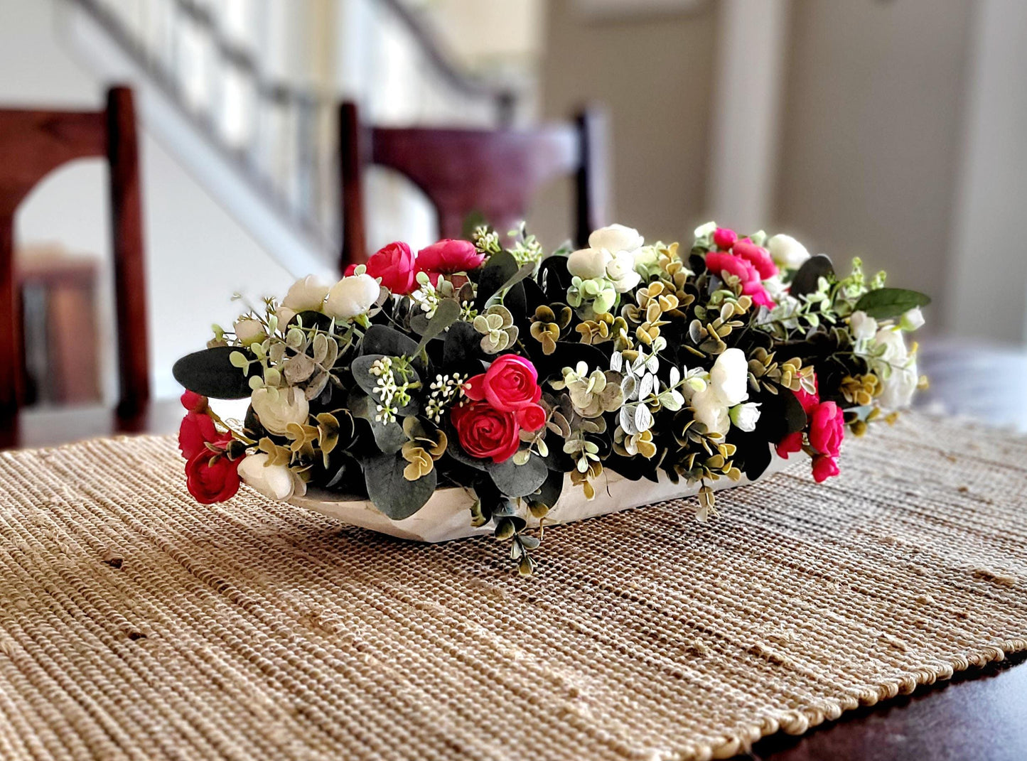 Dough Bowl Dining Table Arrangement Rose arrangement kitchen table decor Farmhouse Arrangement greenery arrangement Pink Floral Arrangement