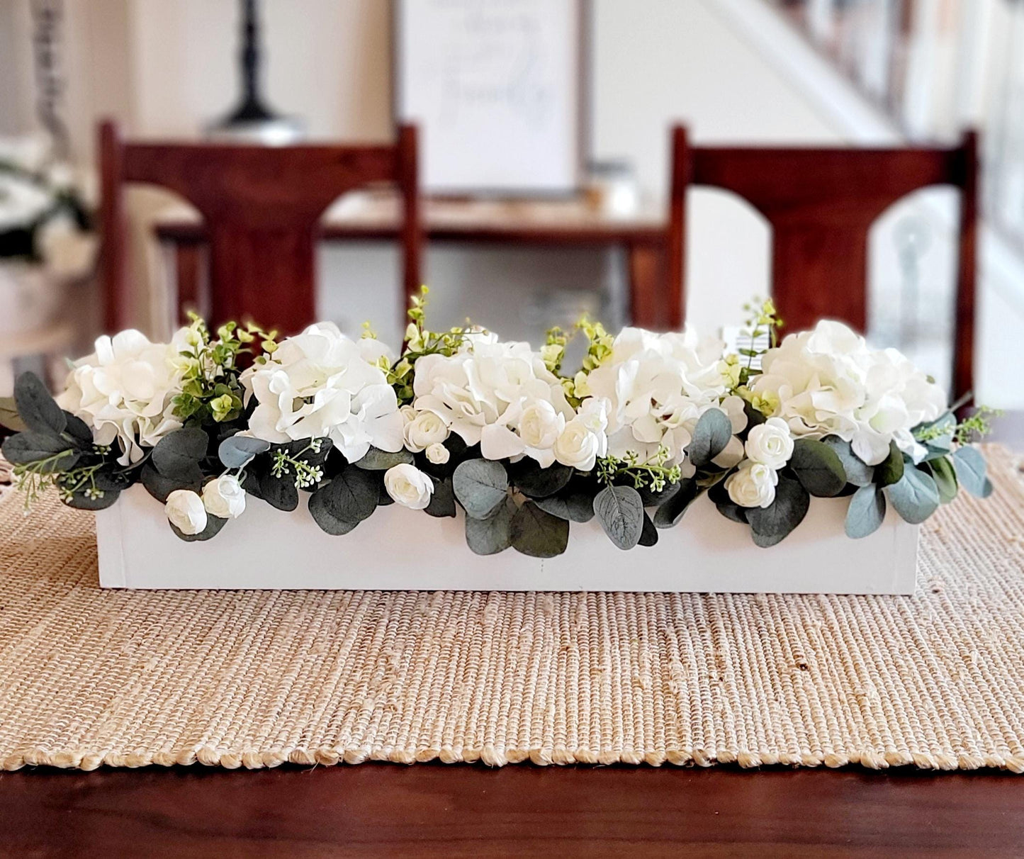 White Hydrangea Arrangement Farmhouse Style Centerpiece Wooden Box Container Dining Table Decor Artificial Flower Display Premium Silk Blooms Realistic Greenery Accents Rustic Home Design Perfect Kitchen Table Decoration Elegant Mantle