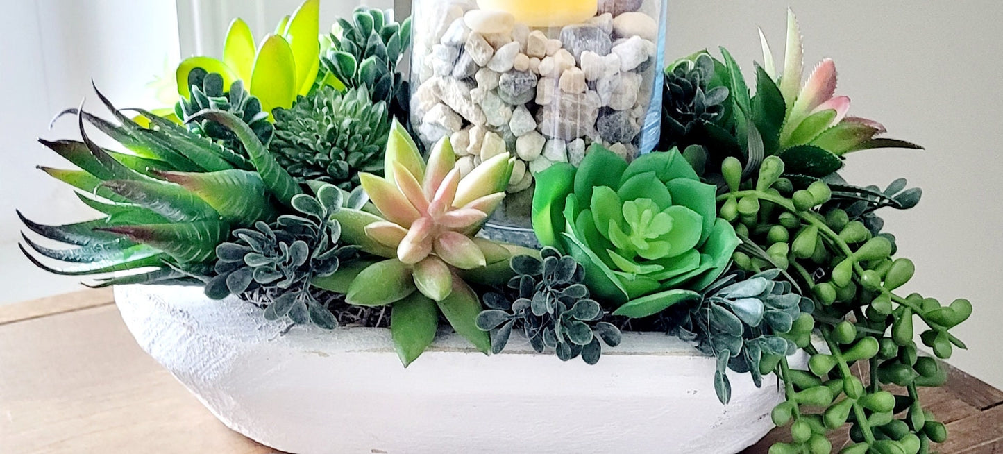 Faux Succulent Arrangement – Modern Wood Bowl Centerpiece Gift