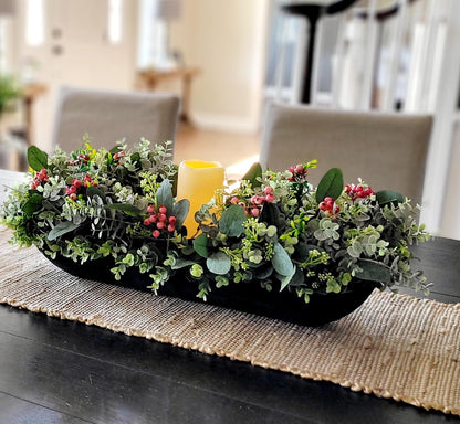 Dough Bowl Centerpiece  Greenery Arrangement Farmhouse Arrangement Candle Centerpiece Country Decor Holiday Arrangement Decor Berry decor