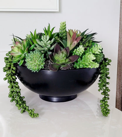Faux Succulent Arrangement – Modern Office Gift in Black Ceramic Planter