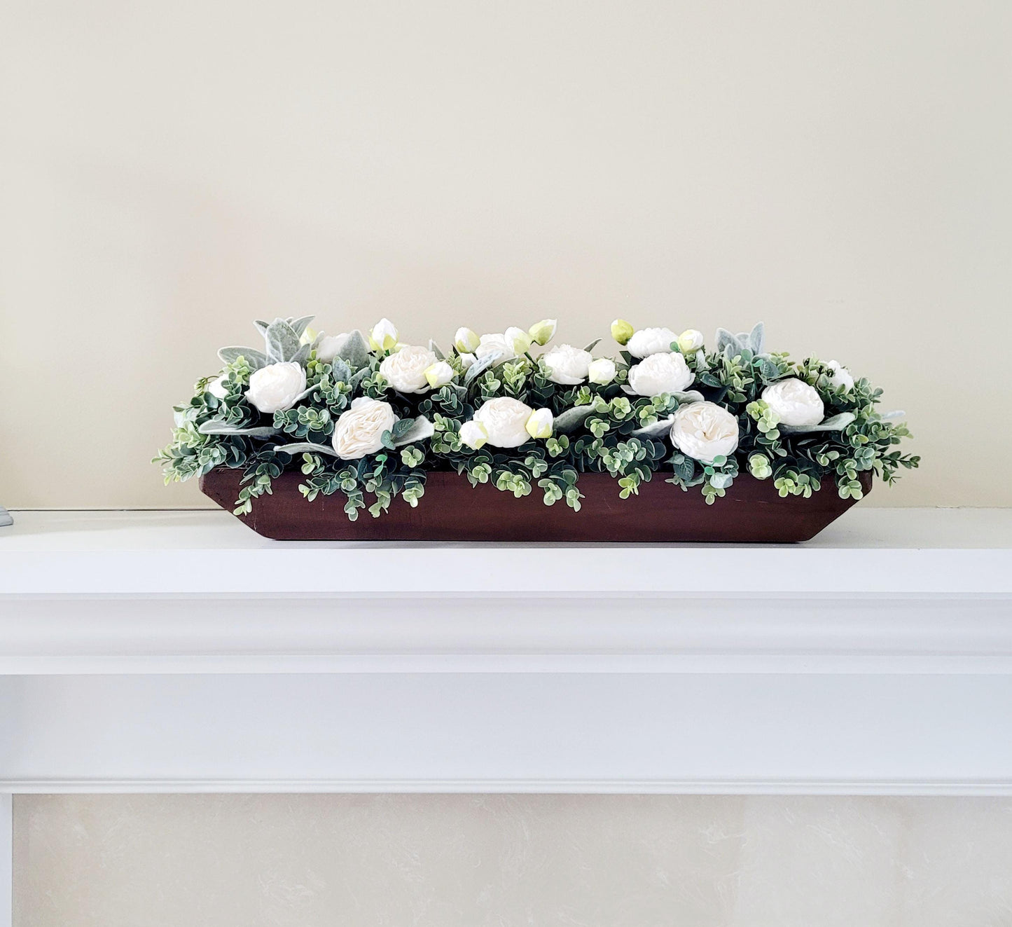 Farmhouse Table Centerpiece – Long Wooden Box with Faux Peonies