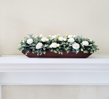 Farmhouse Table Centerpiece – Long Wooden Box with Faux Peonies
