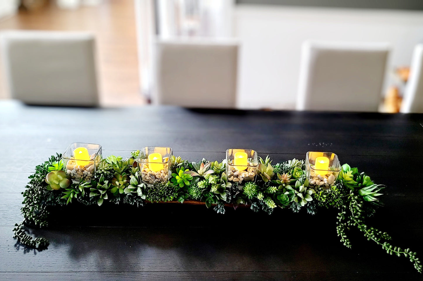 Artificial Succulent Collection Wood Dough Bowl Design Silk Flower Arrangement Glass Vase Accent Faux Moss Details Realistic Plant Appearance Natural Looking Creation Modern Home Styling Element Elegant Table Centerpiece Beautiful Interior
