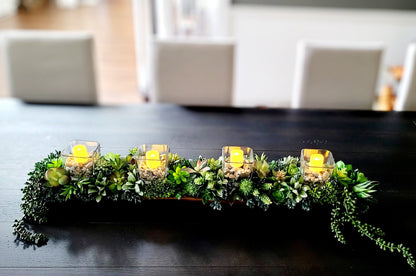 Artificial Succulent Collection Wood Dough Bowl Design Silk Flower Arrangement Glass Vase Accent Faux Moss Details Realistic Plant Appearance Natural Looking Creation Modern Home Styling Element Elegant Table Centerpiece Beautiful Interior