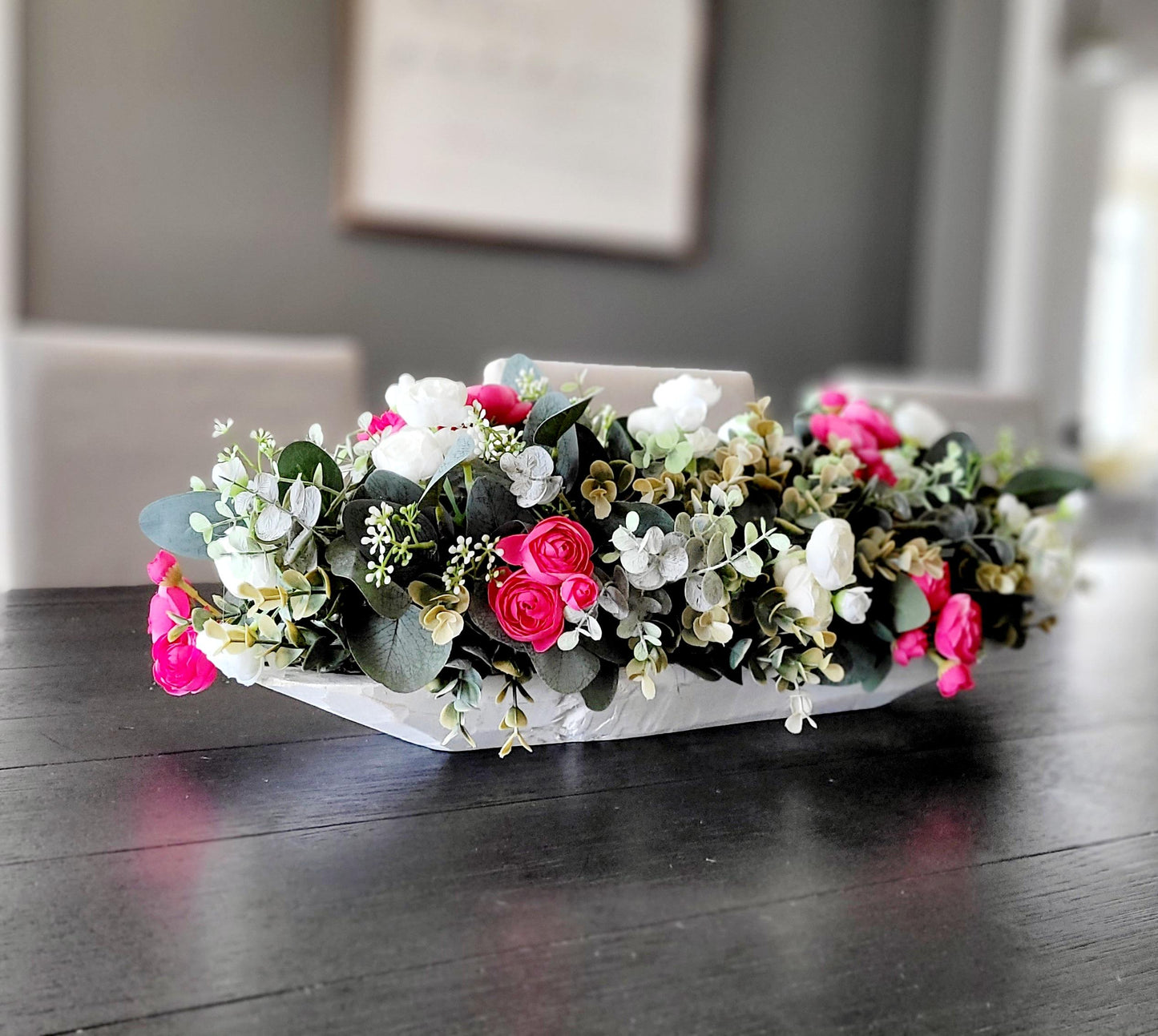 Dough Bowl Dining Table Arrangement Rose arrangement kitchen table decor Farmhouse Arrangement greenery arrangement Pink Floral Arrangement