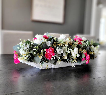 Dough Bowl Dining Table Arrangement Rose arrangement kitchen table decor Farmhouse Arrangement greenery arrangement Pink Floral Arrangement