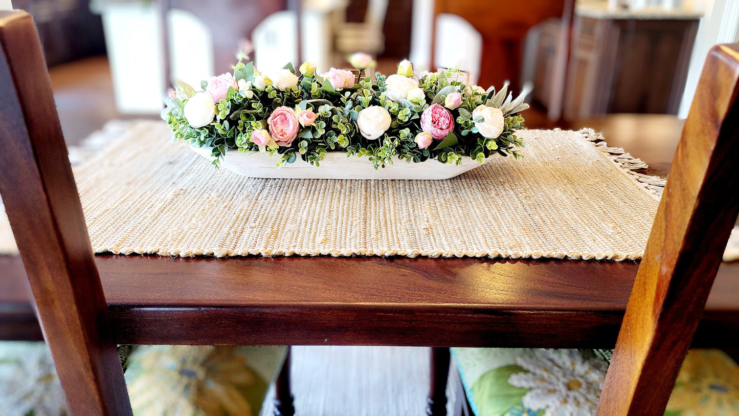 Dough Bowl Centerpiece – Handcarved Farmhouse Arrangement with Cream Peonies
