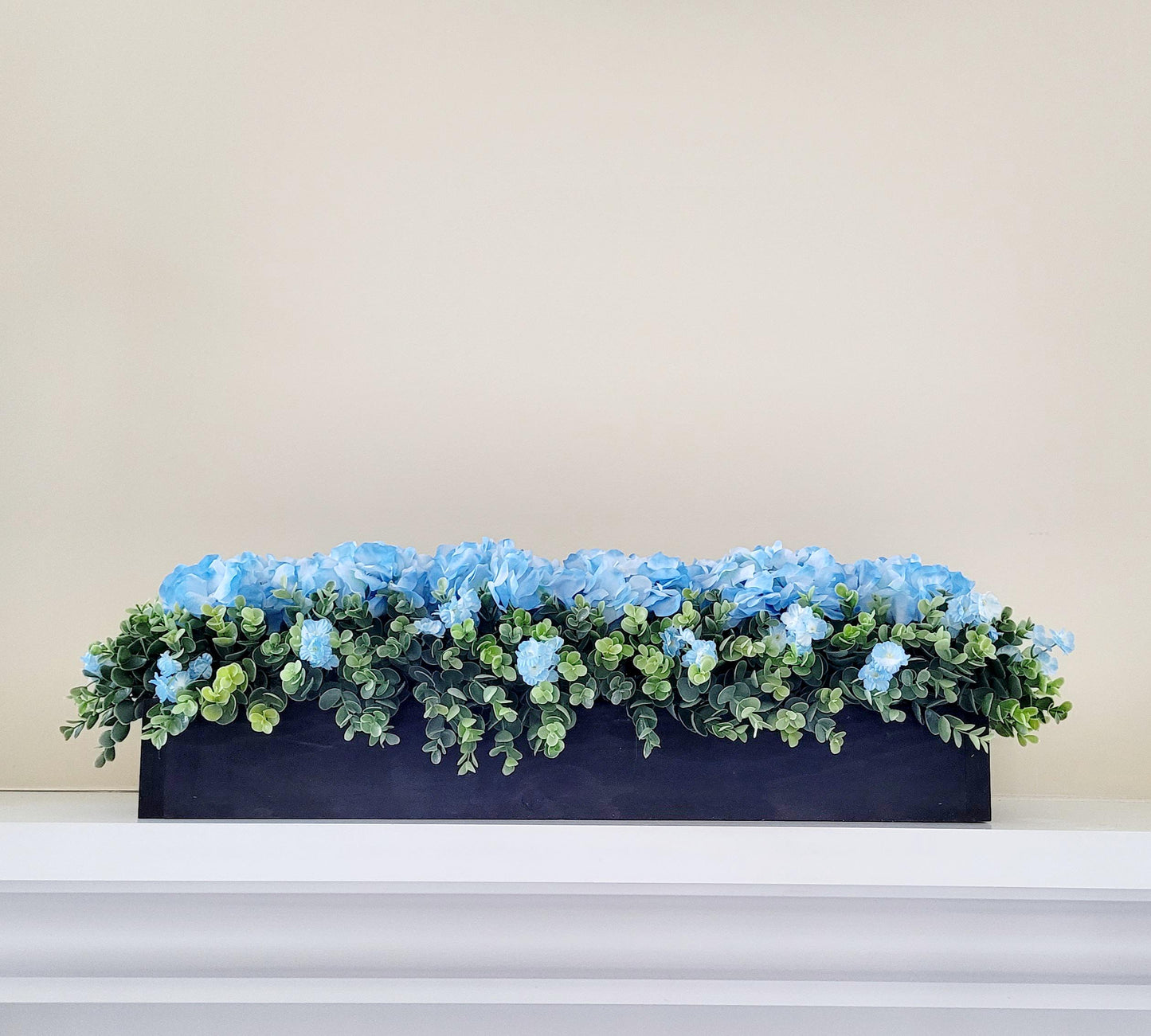 Blue Hydrangea Farmhouse Arrangement Large Dining Room Table Decor Faux Hydrangea Box Arrangement Greenery Arrangement Country Table Decor