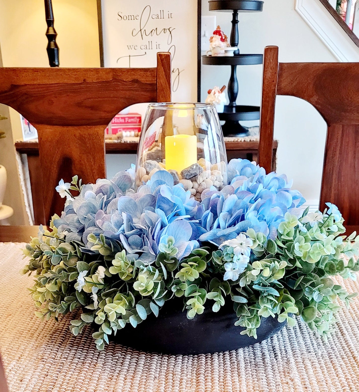 Wedding Table Centerpiece Blue Hydrangea Arrangement Handmade Floral Design Wooden Bowl Display Reception Table Decor Rustic Wedding Decoration Farmhouse Style Accent Event Table Centerpiece Hand Carved Bowl Custom Color Wood Elegant Floral