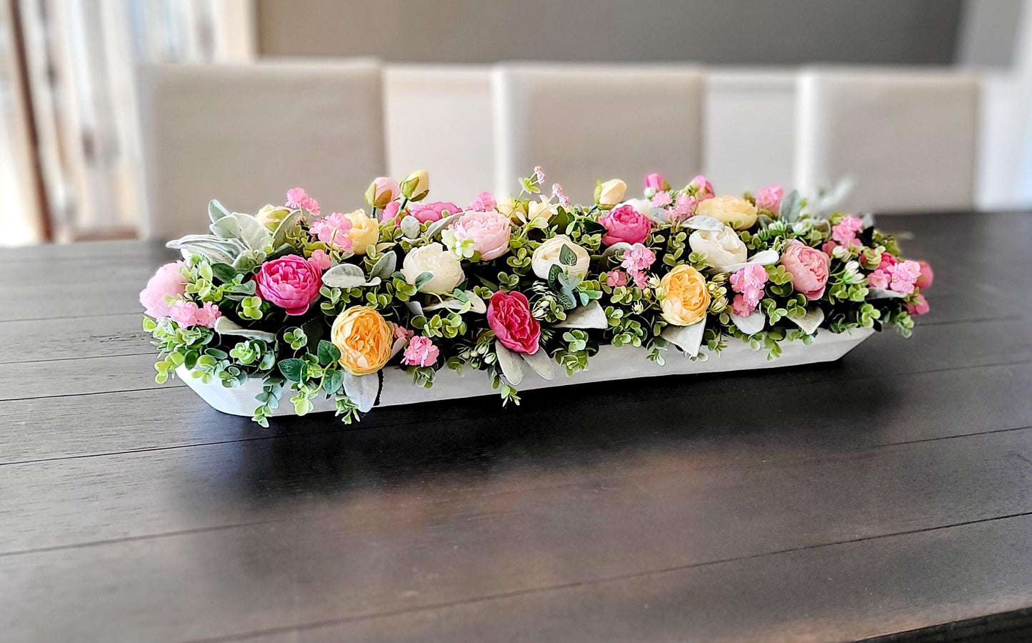 Dough Bowl Long Dining Table Arrangement Narrow Mantle Decor Peony Dough Bowl Farmhouse Arrangement Kitchen Table Decor Large Island Decor