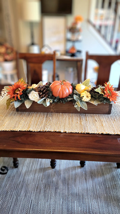 Fall Pumpkins Arrangement in 25” long wood planter box fall centerpiece in wood box fall flowers for mantle in wooden planter box