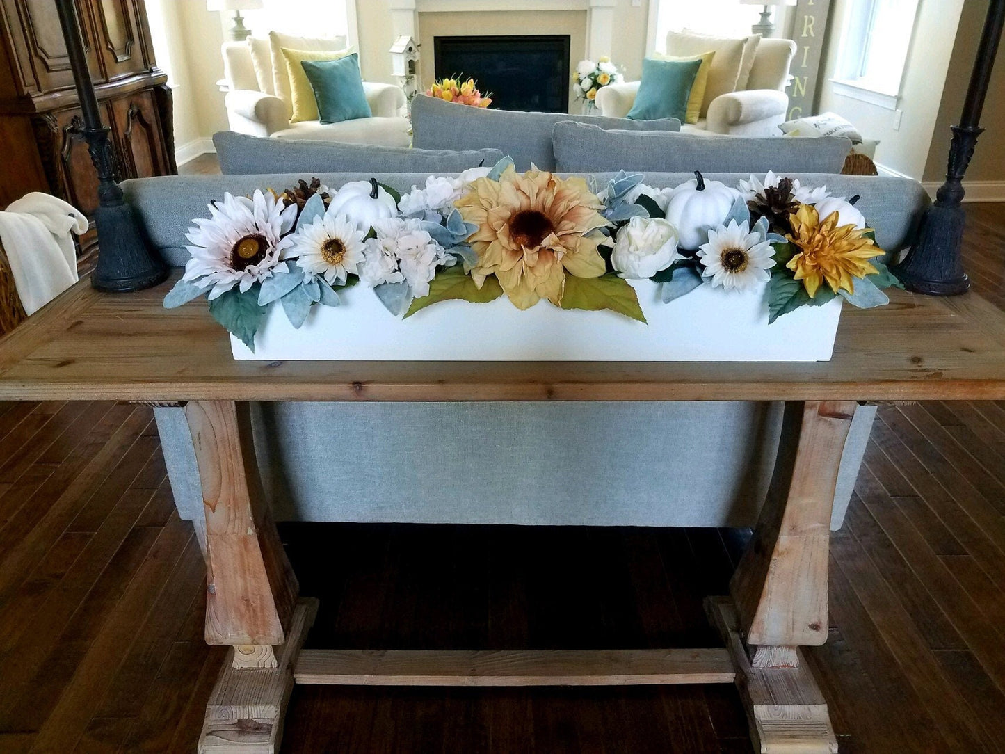 Fall Dining Table Arrangement Fall Flower Arrangement Sunflower Arrangement Mantle Fall Decor Long box arrangement Neutral fall decoration