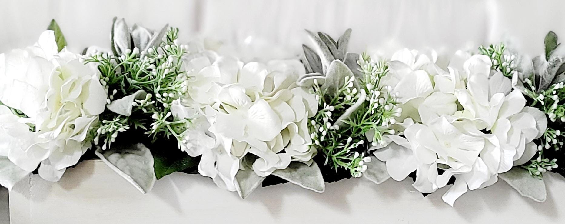 Elegant Table Centerpiece Rustic Wooden Container Silk Hydrangea Blooms Beautiful Farmhouse Decoration Handcrafted Box Design Artificial Flower Arrangement Custom Size Options Perfect Dining Table Accent Realistic Faux Greenery Country