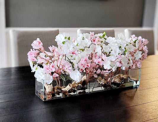 Farmhouse Table Centerpiece Artificial Cherry Blossom Arrangement Modern Glass Vase Elegant Floral Display Silk Faux Flowers White Pink Blossoms Driftwood Accent Contemporary Home Decor Dining Room Decoration Spring Inspired Design Year
