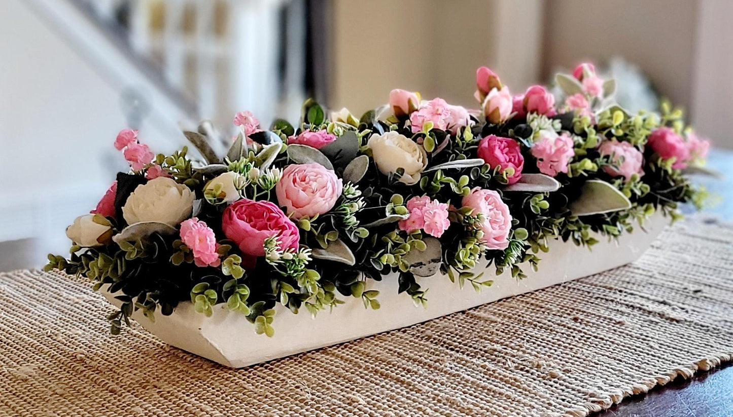 pink white decor pink wedding floral arrangement peony dough bowl dining room table arrangement Pink flower decorations spring decor mantle