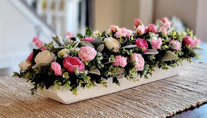 pink white decor pink wedding floral arrangement peony dough bowl dining room table arrangement Pink flower decorations spring decor mantle
