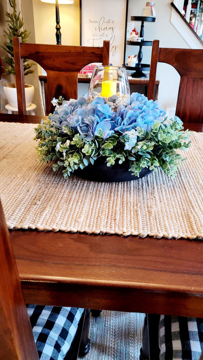 Farmhouse Table Centerpiece – Handmade Blue Hydrangea in Custom Wooden Bowl