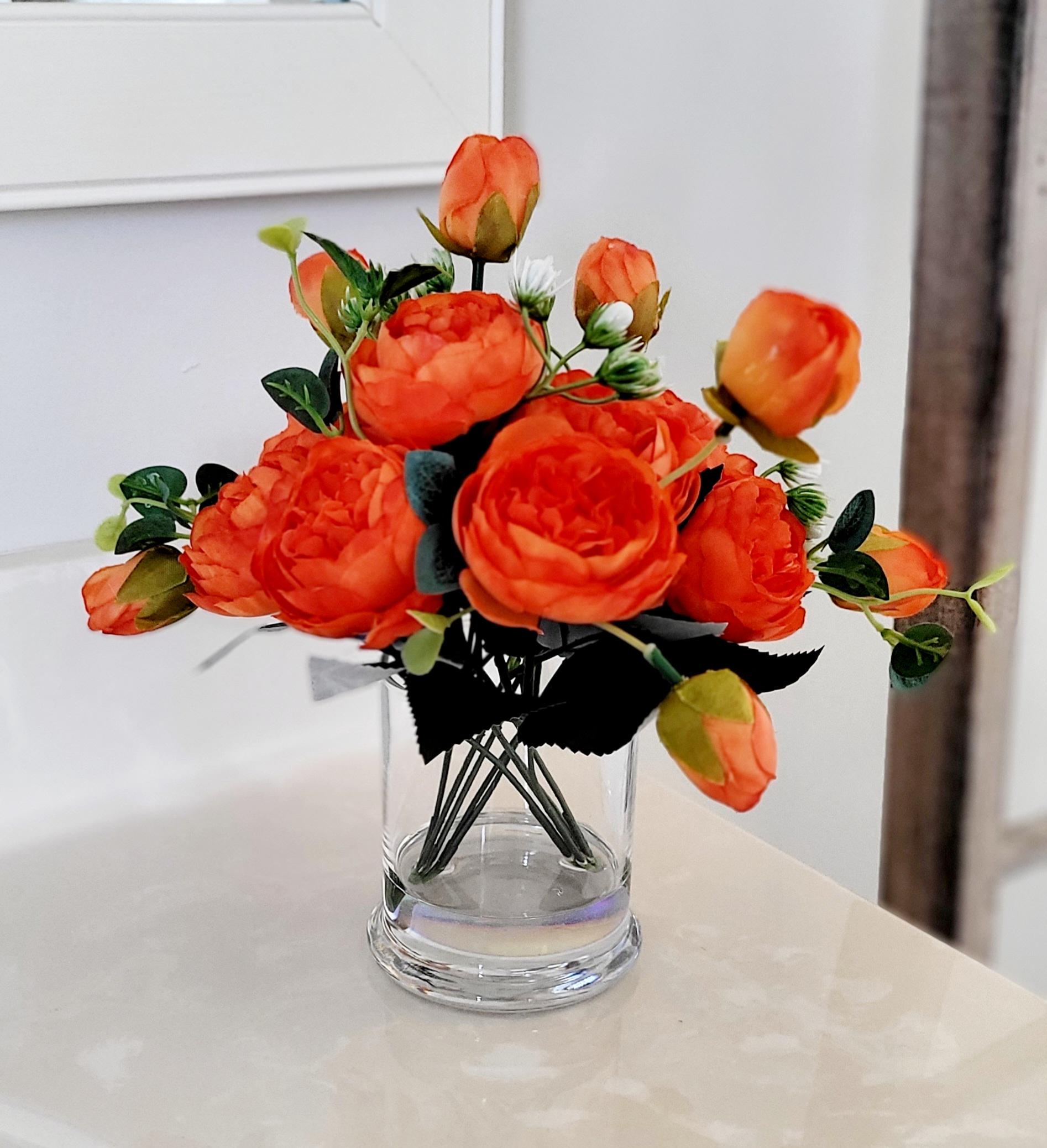 Silk Flower Arrangement Realistic Peony Display Modern Glass Vase Faux Floral Collection Premium Quality Construction Permanent Lasting Beauty Elegant Home Styling Bedroom Nightstand Perfect Living Room Centerpiece Beautiful Botanical