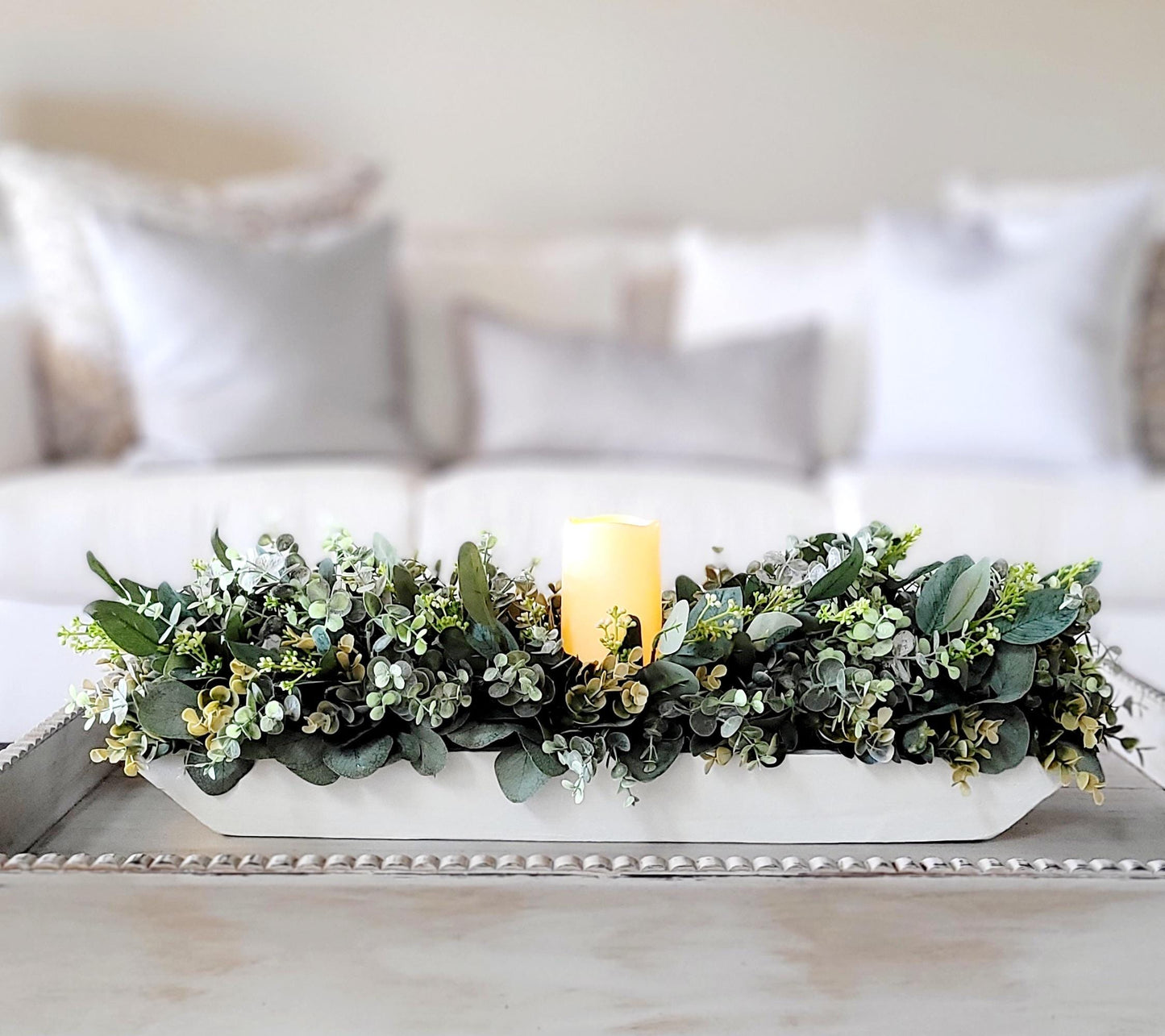 Dining Room Table Arrangement Dough Bowl Farmhouse Table Decor Greenery Spring style Centerpiece candle arrangement greenery kitchen decor