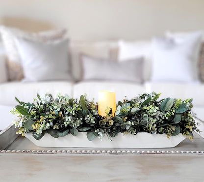 Dining Room Table Arrangement Dough Bowl Farmhouse Table Decor Greenery Spring style Centerpiece candle arrangement greenery kitchen decor