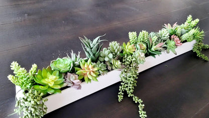 Faux Succulent Centerpiece Narrow Table Arrangement Modern Dining Decor Artificial Plant Display Contemporary Home Styling Maintenance Free Greenery Long Box Design Perfect Table Accent Realistic Looking Plants Indoor Decorative Element