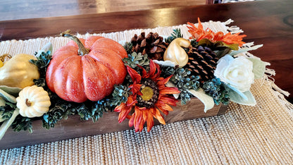 Fall Pumpkins Arrangement in 25” long wood planter box fall centerpiece in wood box fall flowers for mantle in wooden planter box